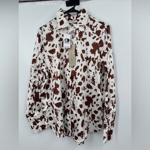 The Buckle Sz Small Acoa Collection Brown & Ivory Button Down Satin Shirt $47